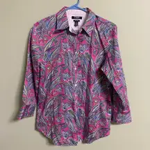 CHAPS M Pink Paisley 100% Cotton 3/4 Sleeve Button Up No Iron Shirt Flip Cuff