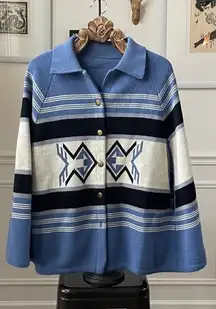 Vintage Southwestern Indian Button Blanket Print Poncho OSFM