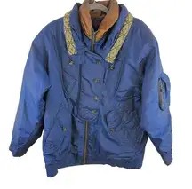 Andy Johns Vintage Shiny Navy Blue Padded Full Zip Winter Jacket Gold Trim M