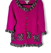 Vintage Embroidered Cat fringe button down cardigan sweater size L XL