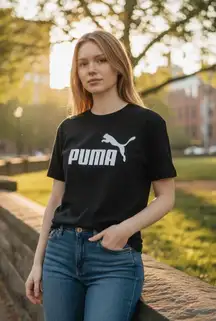 Puma Women’s Large Black Cat Logo Essential Crew Neck Short Sleeve Tee Athleisure
