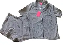 Isaac Mizrahi Navy Pinstripe 2Pc Pajama Set Sz Small Shorts Button Down SS Top