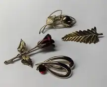 Lot Of 4 Gold Tone Variety Of Vintage - Modern Brooch Pins - Flowers, Leaf, Etc