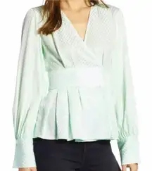 Something Navy Mint Green‎ & Silver Polka Dot Long Sleeve Faux Wrap Top Sz M