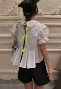 White baby doll short sleeve blouse with bow ties