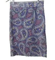 J. Crew Skirt Womens 2 Blue Pink Paisley No. 2 Pencil Stretch Cotton Ble…
