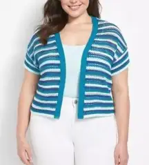 Lane Bryant Blue Striped Short Sleeve Cropped Crochet Knit Open Front Cardigan