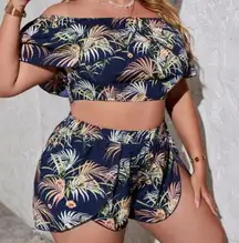 SHEIN VCAY Plus Tropical Print Off Shoulder Overlay Crop Top & Shorts 0XL