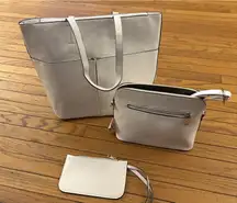 NWT White 3 Piece Pebble Leather Office Laptop Tote Bag, Purse And Wristlet‎