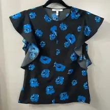 Derek Lam 10 Crosby Blouse Black and Blue Floral Print Ruffle Sleeve Size 0
