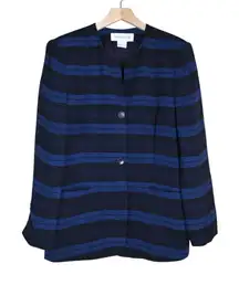 Jones New York Women's 14 Blue Black 2 Button Front Lined Silk Blazer