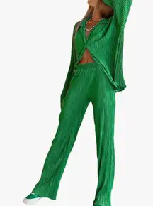 2 Piece Set Pleated Long Sleeve Loose Fit Button Down Shirt Wide Leg Pants Green