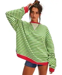 FREE PEOPLE Classic Striped Oversized Crewneck Pink Clover Combo Size M