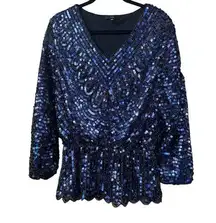 FATE Navy fully sequined and beaded peplum shirt elegant holiday M