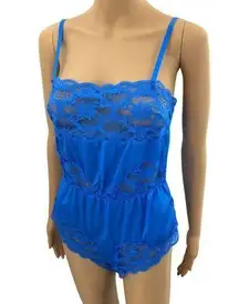 Wonder Maid SMALL VINTAGE 70s USA Blue Lace Teddy Antron Nylon Sissy Snap Crotch