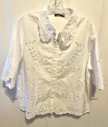 Said Fifth Avenue White eyelet button down short sleeve shirt