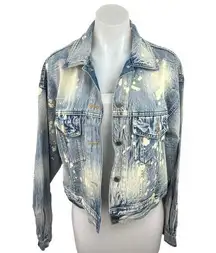 Vintage Indie Mae Blue Acid Wash Paint Splatter  Jean Denim Trucker Jacket Sz M