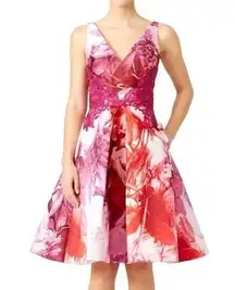 ML MONIQUE LHUILLIER Pink White Floral V-Neck Sleeveless Mini Dress Size 10