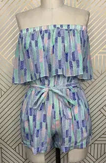 Lemlem Gigi Silk Strapless Romper in Blue Green Chevron Print Size‎ US Small