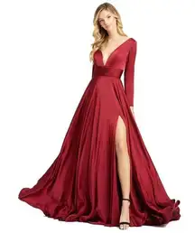 Mac Duggal  55245 Wine Red Long Sleeve Ruched Waist A-Line Gown 12 NEW