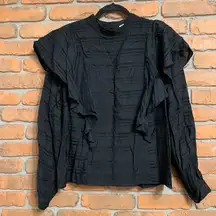 Allison Joy Top Women's Large Black Textured Ruffle Long Sleeve Blouse Mock Neck