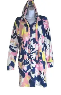 Bobbie Brooks Medium Blue Pink Tie Dye Hoodie Mini Dress NWOT Beach Cover Up