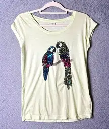 Sublevel Womens Tee Shirt S Light Yellow Sequin Parrot Design‎ Short Sleeve