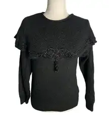 Vintage Work in Progress Silk Angora Sweater M Black Knit Beaded Gladys Bagley