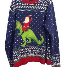 Ugly Christmas Sweater Santa riding dinosaur bells blue Large L