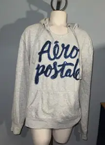Aeropostale Heather Gray Sweatshirt blue sparkle logo hoodie top shirt XL