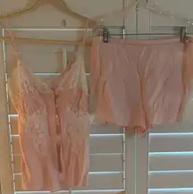 Two piece Pink, white lace top and satin shorts