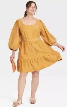 Ava & Viv Plus Size Balloon 3/4 Sleeve A-Line Dress - Mustard Size 1X