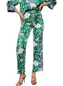 NWT Mango Floral Print Silky Trousers‎ Flowy Pants Green / Purple Size Small