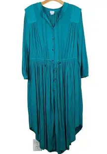 Chico's  2 Midi Dress 12 Teal Green Crinkle Pleated 3/4 Sleeve Button Up Tie Waist