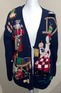 Lauren Hansen Women’s Size M Christmas Navy Sweater Cardigan Santa Toys Holiday