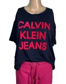 Calvin Klein  Jeans Womens T Shirt Top Relaxed Fit Logo Navy Blue Pink Small