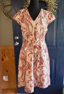 Tommy Hilfiger Pink and Cream Paisley Midi Dress size L with tie waist