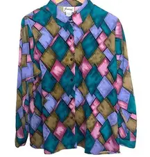 Vintage Womens Button Front Shirt Large Colorful Dopamine Dressing Artsy Pattern