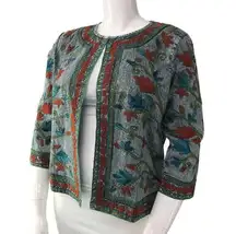 Parsley & Sage Womens Size L Jacket Embroidery Open Front Art 3/4 Sleeve USA