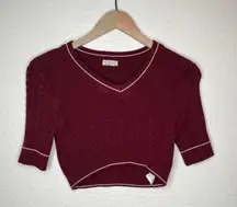 Free People Intimately  Burgundy Cable Knit Cropped Varsity College Sweater XS