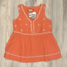 NWT Cupio Embroidered Cotton Sleeveless V-neck Boho Babydoll Top Orange Size XS