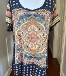 Lucky Brand Navy Tan Multicolor Bohemian Blouse 1XL