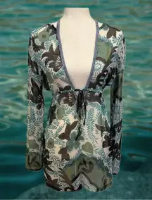 Y2K Periscope Beaded Cut-Out Sheer Long Sleeve Tie Back Fairy Top Size M