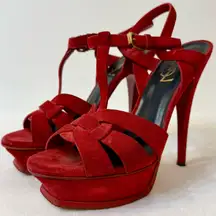 Saint Laurent YSL Tribute Platform Sandal in Red Suede Size EU 37.5