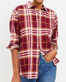 Loft Ann Taylor Plaid Flannel Oversized Everyday Shirt Women's Small‎ Burgundy