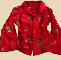 Vintage Red embroidered floral 100% Silk Asian Chinese-style button-up blouse shirt jacket bell sleeves Frog Closures - size S Excellent condition, measurement in pics