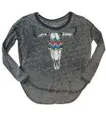 Chaser Burnout Cow Skull Long Sleeve Top Size Small