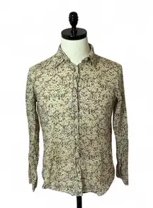 Floral Button Up Shirt Cream Brown Purple Print Long Sleeve Cotton‎ Casual