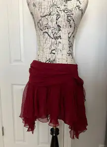 vintage y2k silk Asymmetrical Ruffle Cheerleader Layer High Low Maroon Chiffon tie belt Women's mini Skirt Size M