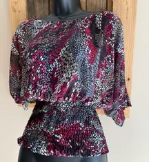 Sheer Red Wine Black Gray Cropped Blouse Elastic Waist Size XSmall